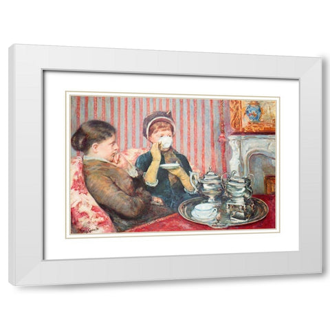 A Cup Of Tea 1880 White Modern Wood Framed Art Print with Double Matting by Cassatt, Mary