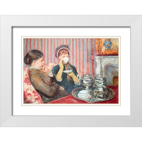 A Cup Of Tea 1880 White Modern Wood Framed Art Print with Double Matting by Cassatt, Mary