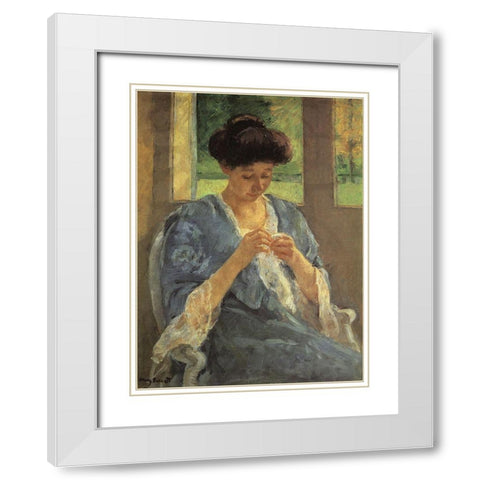 Augusta Sewing Before A Window 1910 White Modern Wood Framed Art Print with Double Matting by Cassatt, Mary