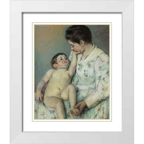 Babys First Caress 1891 White Modern Wood Framed Art Print with Double Matting by Cassatt, Mary