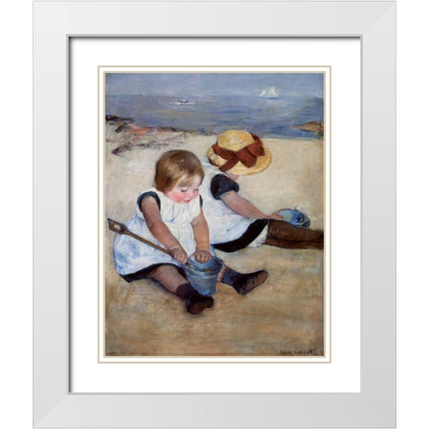 Children Playing On The Beach 1884 White Modern Wood Framed Art Print with Double Matting by Cassatt, Mary