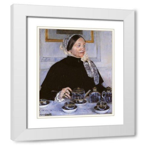 Lady At The Tea Table 1883 White Modern Wood Framed Art Print with Double Matting by Cassatt, Mary