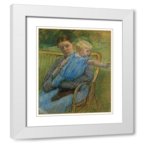 Mathilde Holding A Baby Who Reaches Out To The Right 1889 White Modern Wood Framed Art Print with Double Matting by Cassatt, Mary