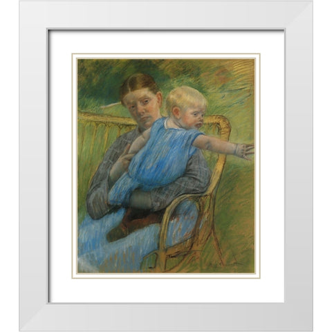 Mathilde Holding A Baby Who Reaches Out To The Right 1889 White Modern Wood Framed Art Print with Double Matting by Cassatt, Mary