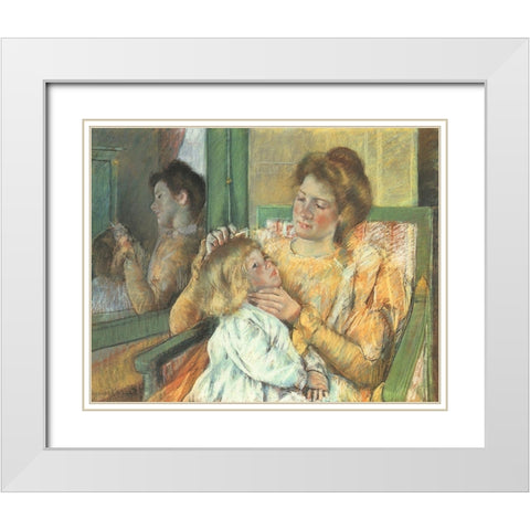 Mother Combing Her Childs Hair 1898 White Modern Wood Framed Art Print with Double Matting by Cassatt, Mary