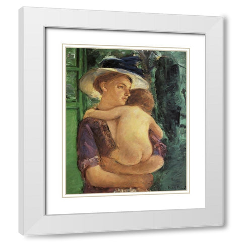 Mother In Hat Holding Her Nude Baby Seen In Back View 1909 White Modern Wood Framed Art Print with Double Matting by Cassatt, Mary