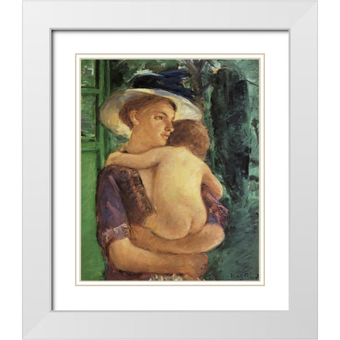 Mother In Hat Holding Her Nude Baby Seen In Back View 1909 White Modern Wood Framed Art Print with Double Matting by Cassatt, Mary