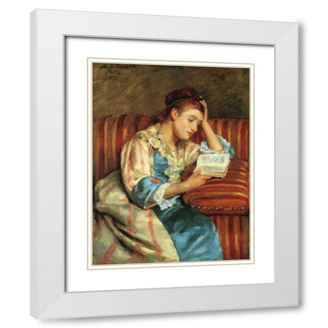 Mrs Duffee Seated On A Striped Sofa 1876 White Modern Wood Framed Art Print with Double Matting by Cassatt, Mary