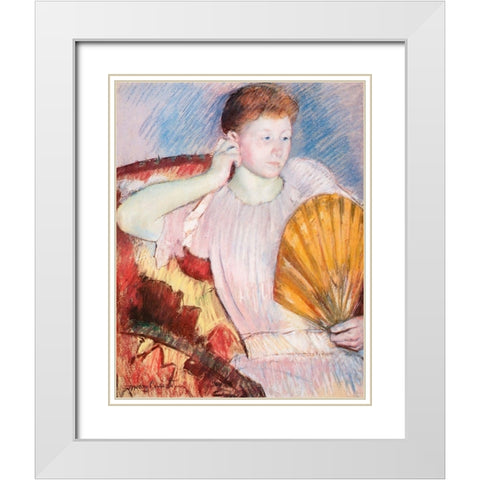 Portrait Of A Woman With A Fan White Modern Wood Framed Art Print with Double Matting by Cassatt, Mary