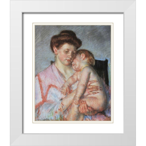 Sleepy Baby 1910 White Modern Wood Framed Art Print with Double Matting by Cassatt, Mary