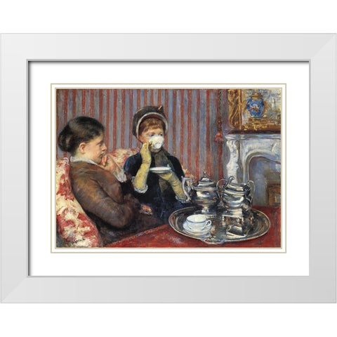 The Tea, 1880 White Modern Wood Framed Art Print with Double Matting by Cassatt, Mary