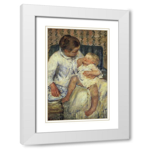 The Childs Bath 1880 White Modern Wood Framed Art Print with Double Matting by Cassatt, Mary