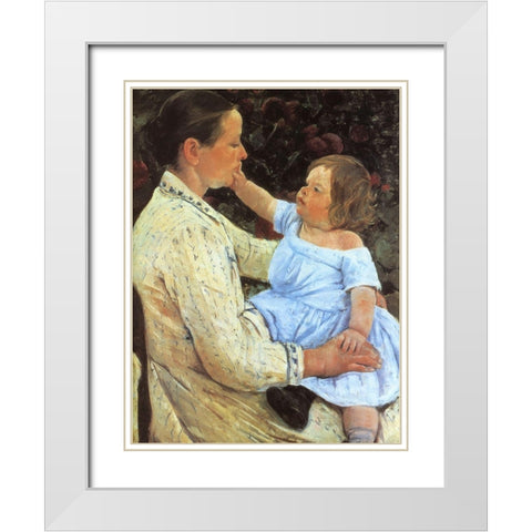 The Childs Caress 1891 White Modern Wood Framed Art Print with Double Matting by Cassatt, Mary