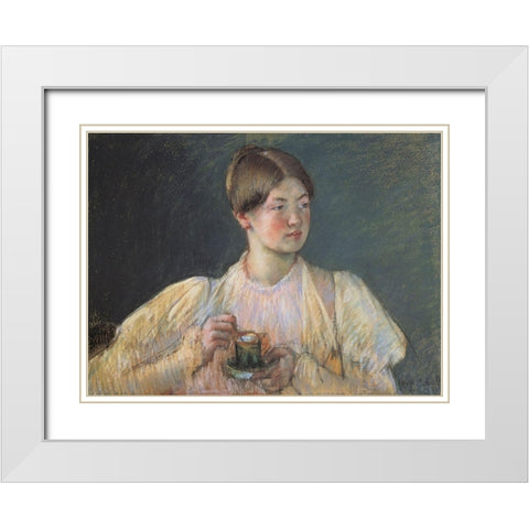 The Cup Of Chocolate 1897 White Modern Wood Framed Art Print with Double Matting by Cassatt, Mary