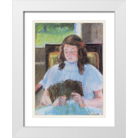 Young Girl Reading 1908 White Modern Wood Framed Art Print with Double Matting by Cassatt, Mary