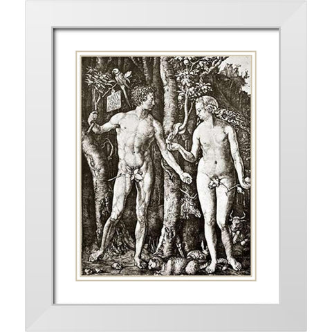 Adam And Eve White Modern Wood Framed Art Print with Double Matting by Durer, Albrecht