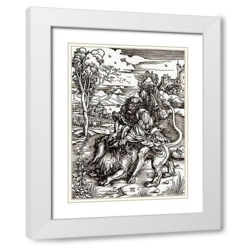 Samson Killing The Lion White Modern Wood Framed Art Print with Double Matting by Durer, Albrecht