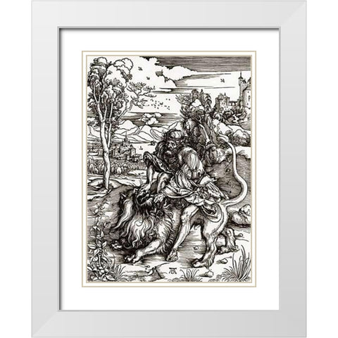 Samson Killing The Lion White Modern Wood Framed Art Print with Double Matting by Durer, Albrecht