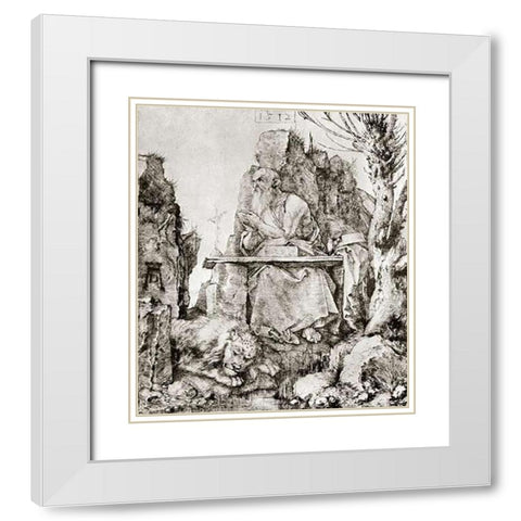 St Jerome At The Willow Tree White Modern Wood Framed Art Print with Double Matting by Durer, Albrecht