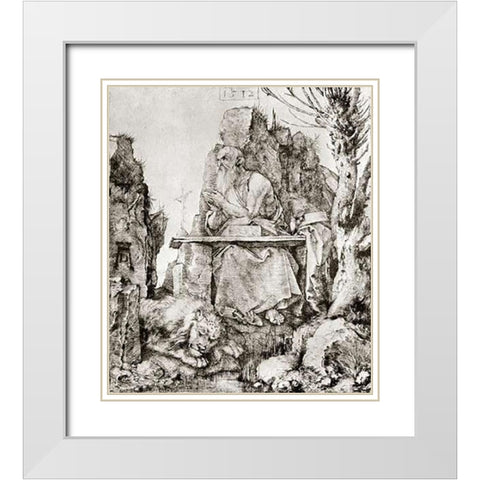 St Jerome At The Willow Tree White Modern Wood Framed Art Print with Double Matting by Durer, Albrecht