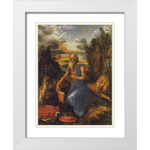 St Jerome In A Landscape White Modern Wood Framed Art Print with Double Matting by Durer, Albrecht