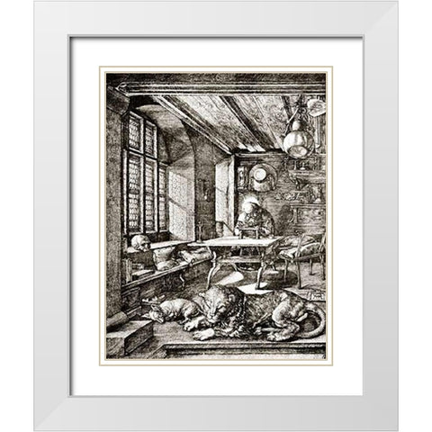 St Jerome In His Cell 2 White Modern Wood Framed Art Print with Double Matting by Durer, Albrecht