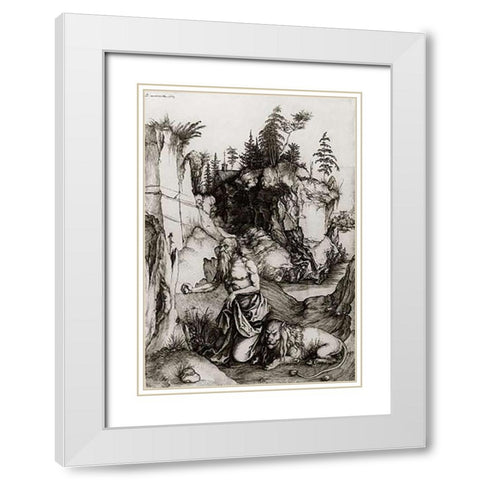 St Jerome In Penitence White Modern Wood Framed Art Print with Double Matting by Durer, Albrecht