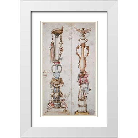 Two Emblematical Designs For Columns White Modern Wood Framed Art Print with Double Matting by Durer, Albrecht