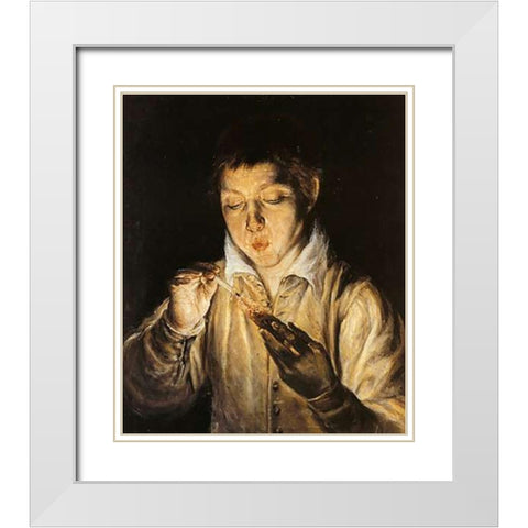 Boy Blowing On An Ember To Light A Candle White Modern Wood Framed Art Print with Double Matting by Greco, El