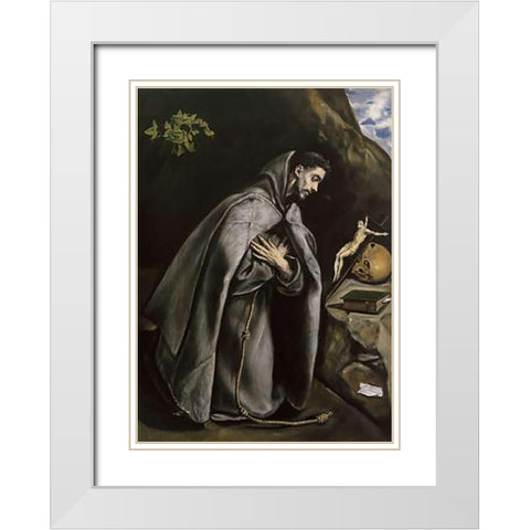 Saint Francis Meditating White Modern Wood Framed Art Print with Double Matting by Greco, El