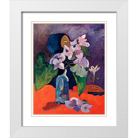 Still Life With Flowers And Idol White Modern Wood Framed Art Print with Double Matting by Gauguin, Paul