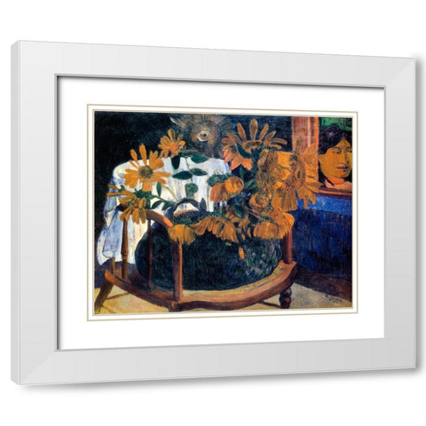 Sunflowers White Modern Wood Framed Art Print with Double Matting by Gauguin, Paul
