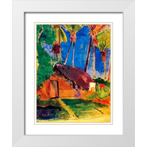 Thatched Hut Under Palm Trees White Modern Wood Framed Art Print with Double Matting by Gauguin, Paul