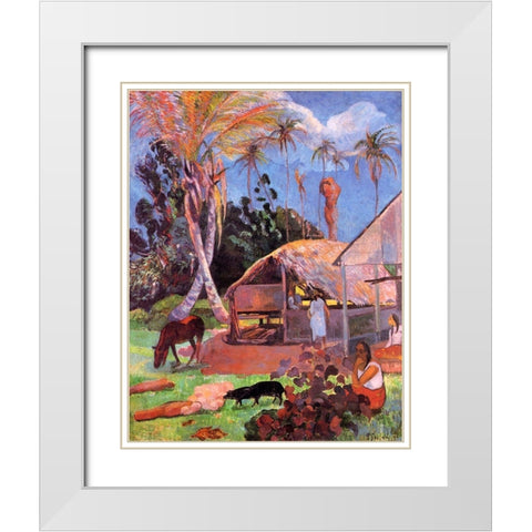 The Black Pigs White Modern Wood Framed Art Print with Double Matting by Gauguin, Paul