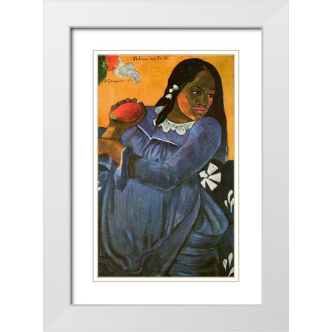 Woman With Mango White Modern Wood Framed Art Print with Double Matting by Gauguin, Paul