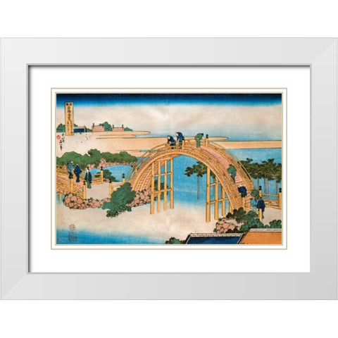 Drum Bridge At Kameido White Modern Wood Framed Art Print with Double Matting by Hokusai