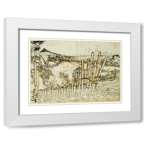 Fishing At Shimadagahana 1833 White Modern Wood Framed Art Print with Double Matting by Hokusai