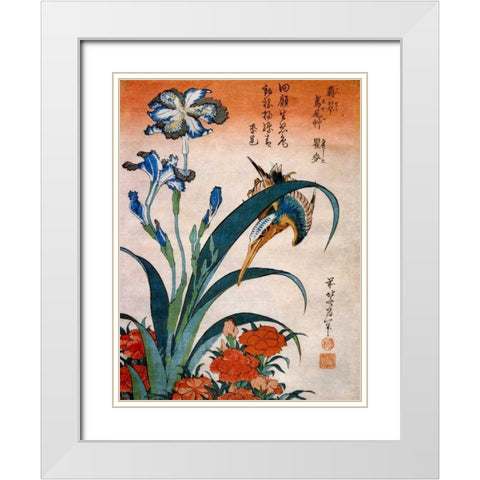 Kingfisher With Irises And Wild Pinks White Modern Wood Framed Art Print with Double Matting by Hokusai