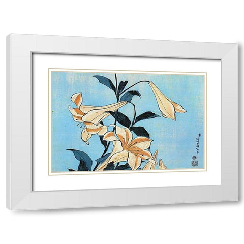 Lilies White Modern Wood Framed Art Print with Double Matting by Hokusai