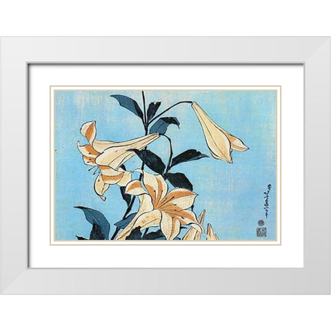 Lilies White Modern Wood Framed Art Print with Double Matting by Hokusai