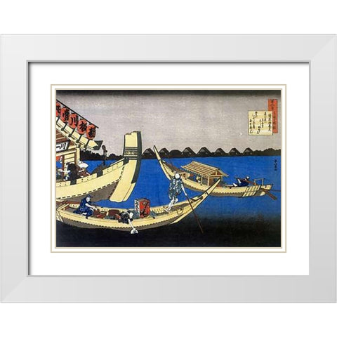 Pleasure Boats On Sumida River White Modern Wood Framed Art Print with Double Matting by Hokusai