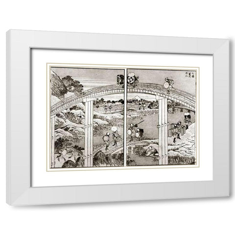 Seven Bridges In One View With Mt Fuji White Modern Wood Framed Art Print with Double Matting by Hokusai