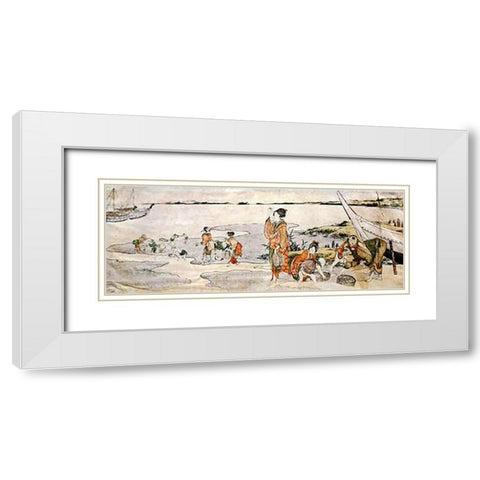 Shellfish Gathering White Modern Wood Framed Art Print with Double Matting by Hokusai