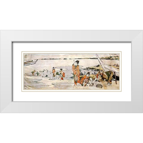 Shellfish Gathering White Modern Wood Framed Art Print with Double Matting by Hokusai