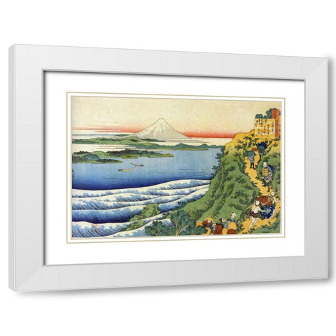 Travelers Climbing A Mountain Path White Modern Wood Framed Art Print with Double Matting by Hokusai
