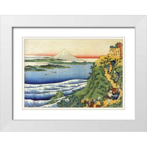 Travelers Climbing A Mountain Path White Modern Wood Framed Art Print with Double Matting by Hokusai