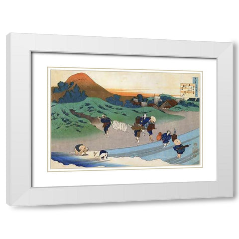 Washing In A River White Modern Wood Framed Art Print with Double Matting by Hokusai