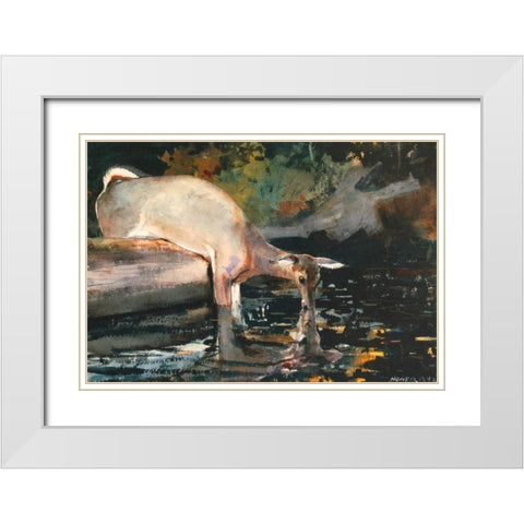 Deer Drinking White Modern Wood Framed Art Print with Double Matting by Homer, Winslow