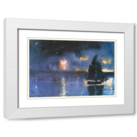 Sailboat And Fourth Of July Fireworks White Modern Wood Framed Art Print with Double Matting by Homer, Winslow