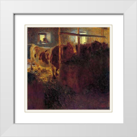Cows In A Satble 1899 White Modern Wood Framed Art Print with Double Matting by Klimt, Gustav